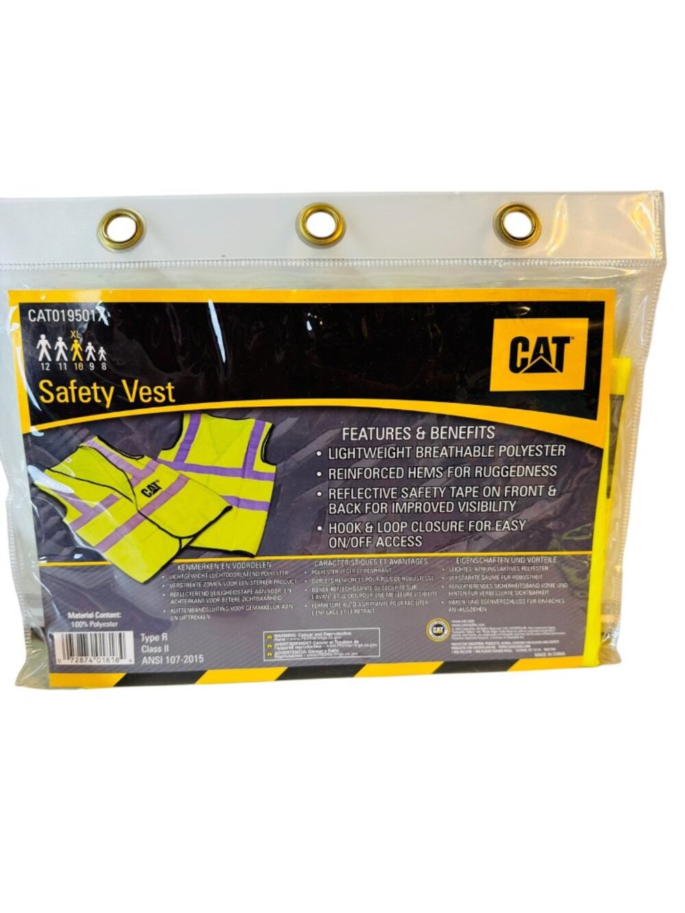 CAT High-Visibility Safety Vest XL Reflective Tape Lightweight Breathable Polyes